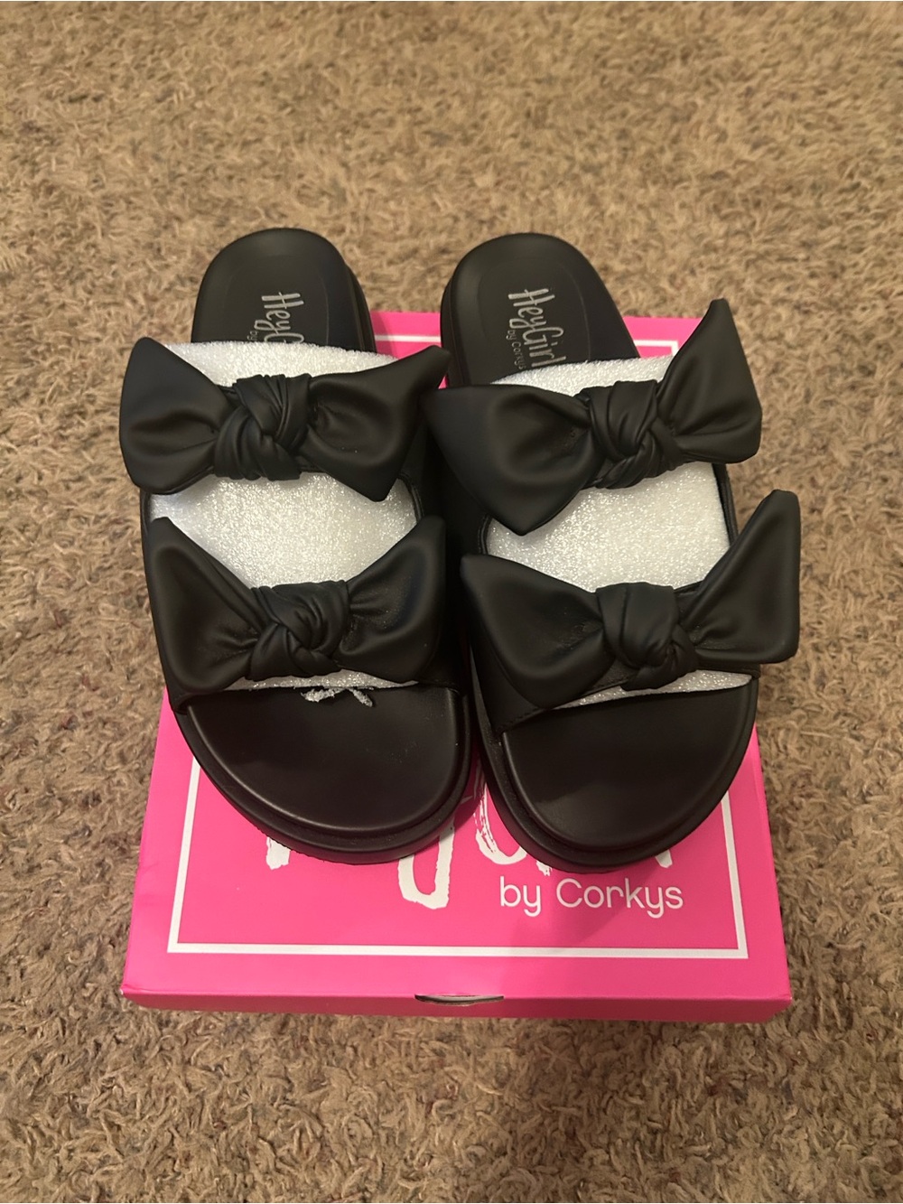 Corkys Hey Girl Black Double-Bow Slide Sandals